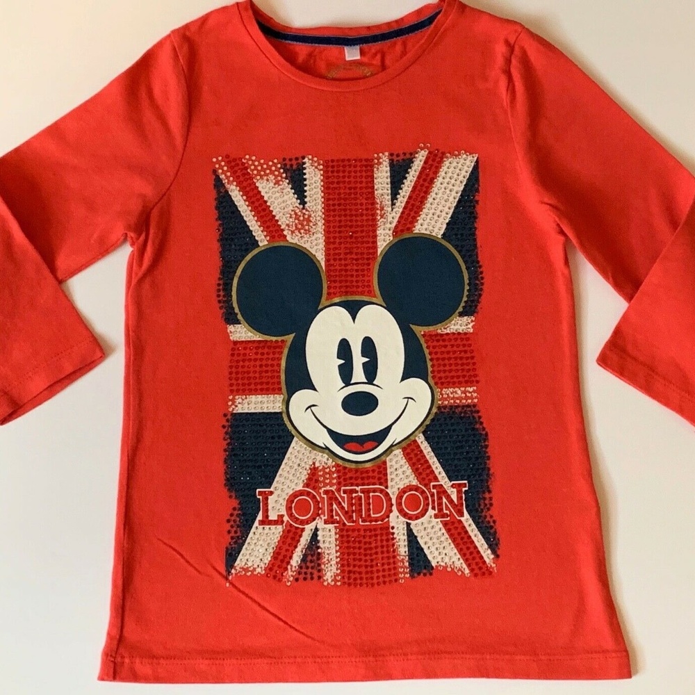 DISNEY STORE Mickey Mouse Girls GRAPHIC TEE Sz 7-8 Red Beaded LONDON FLAG